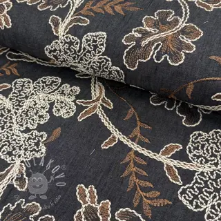 Bavlnená látka JEANS Embroidery leaves black