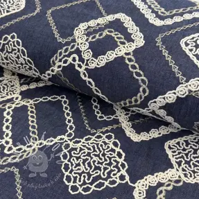Bavlnená látka JEANS EMBROIDERY Square dark blue