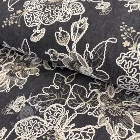 Bavlnená látka JEANS EMBROIDERY Bouquet black