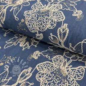 Bavlnená látka JEANS EMBROIDERY Bouquet blue