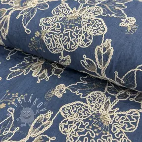 Bavlnená látka JEANS EMBROIDERY Bouquet blue