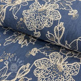 Bavlnená látka JEANS EMBROIDERY Bouquet blue