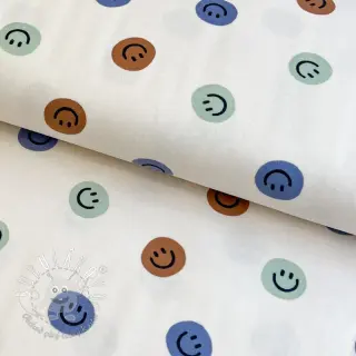 Bavlnená látka FLANNEL Happy faces off white green