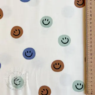 Bavlnená látka FLANNEL Happy faces off white green