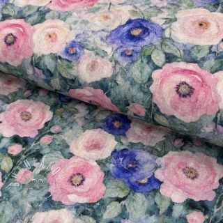 Dvojitá gázovina/mušelín Flower Maria petrol digital print