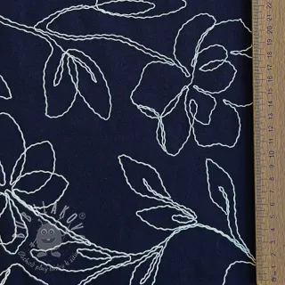 Viskóza s ľanom EMBROIDERY Flower Danielle navy
