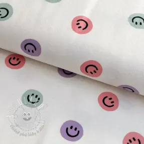 Bavlnená látka FLANNEL Happy faces off white lilac
