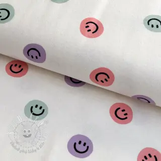Bavlnená látka FLANNEL Happy faces off white lilac