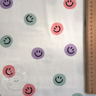 Bavlnená látka FLANNEL Happy faces off white lilac