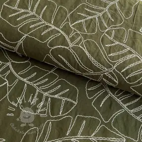 Viskóza s ľanom EMBROIDERY Leaves forest green