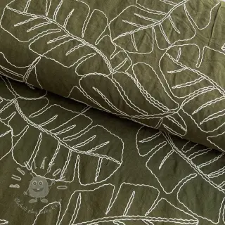 Viskóza s ľanom EMBROIDERY Leaves forest green