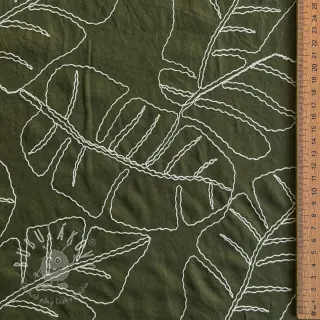 Viskóza s ľanom EMBROIDERY Leaves forest green
