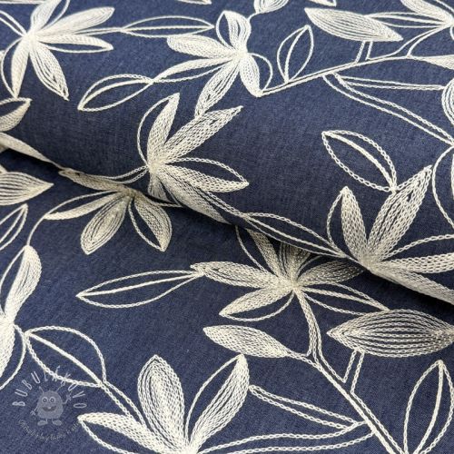 Bavlnená látka JEANS Embroidery Flowers white