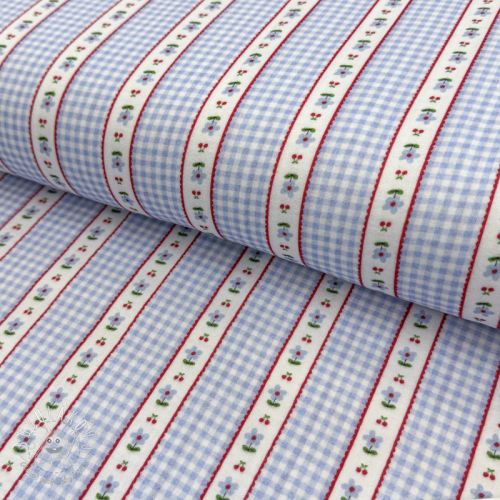 Dvojitá gázovina/mušelín Flowers check blue digital print