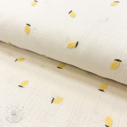Dvojitá gázovina/mušelín EMBROIDERY Fruit natural yellow