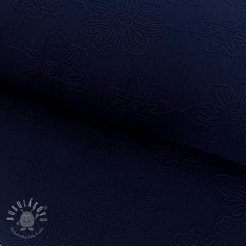 Dvojitá gázovina/mušelín EMBROIDERY Flowers navy