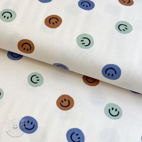Bavlnená látka FLANNEL Happy faces off white green