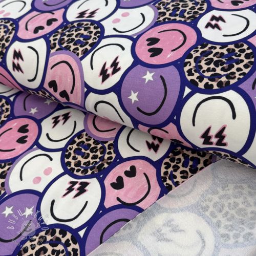 Teplákovina Happy faces purple digital print