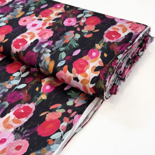 Viskóza SATIN Night flowers black digital print
