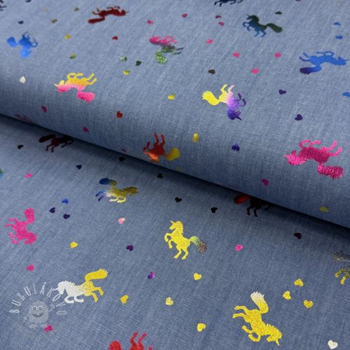 Bavlnená látka JEANS FOIL Unicorn light blue