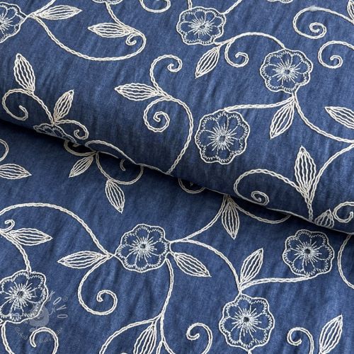 Bavlnená látka JEANS EMBROIDERY Flowers