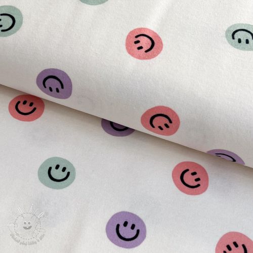 Bavlnená látka FLANNEL Happy faces off white lilac